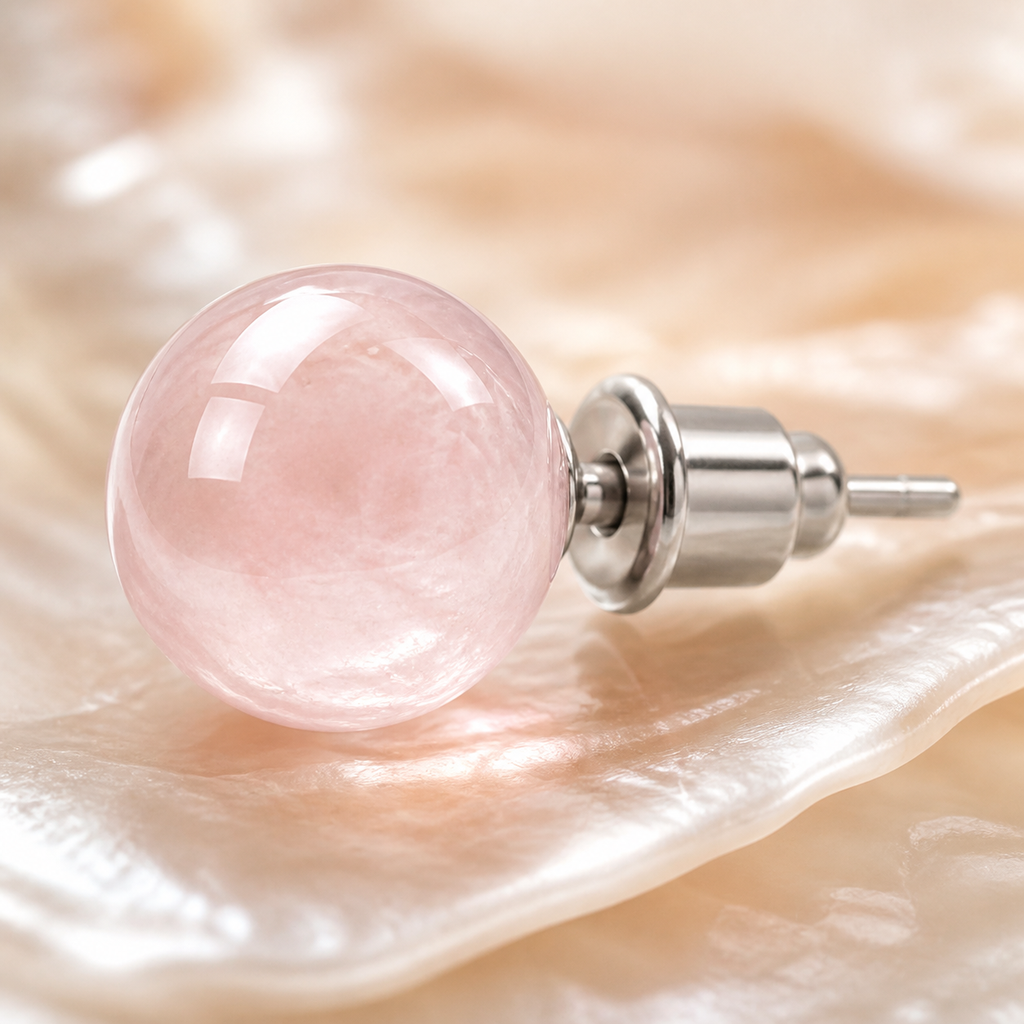 Boucles d'oreilles puces en quartz rose 8 mm, macro de la matière et des détails vérifiés
