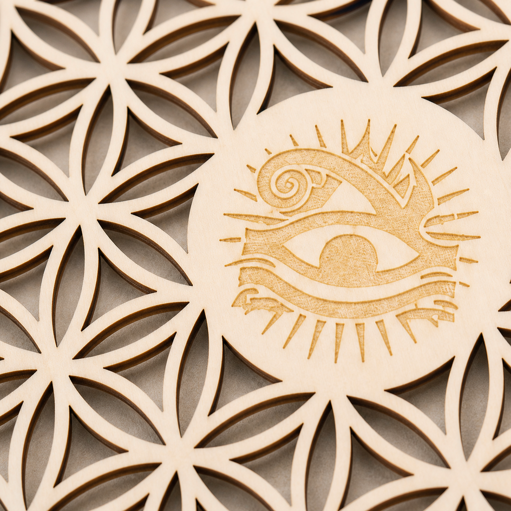Plaque Fleur de Vie et Œil d'Horus en bois - 10 cm, macro de la matière et des détails vérifiés