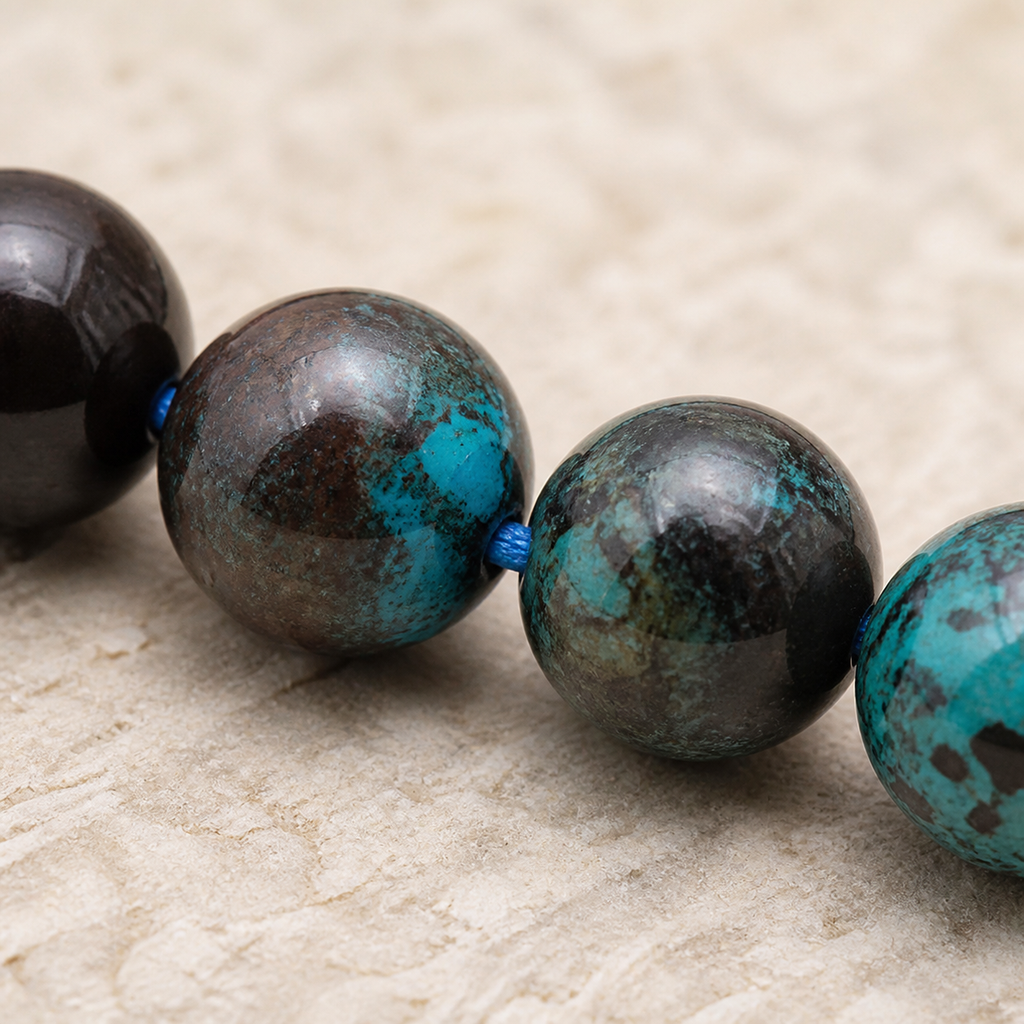 Bracelet en chrysocolle du Congo 8 mm - 16 à 18 cm, macro de la matière et des détails vérifiés