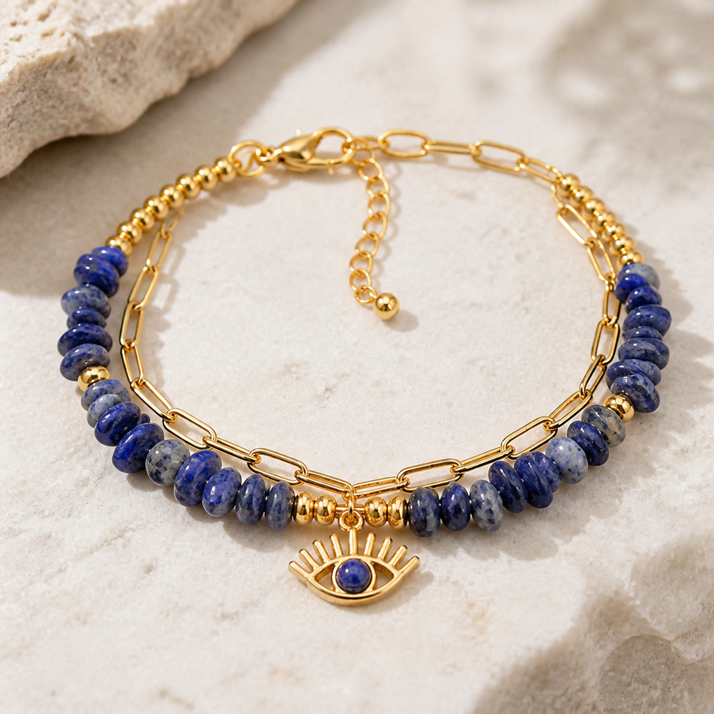 Bracelet Horus doré en sodalite 6 mm, macro de la matière et des détails vérifiés