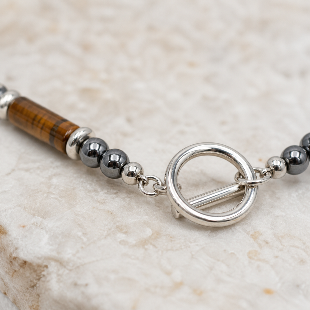 Bracelet Légende en labradorite, œil de tigre et hématite, détail des pierres et du montage