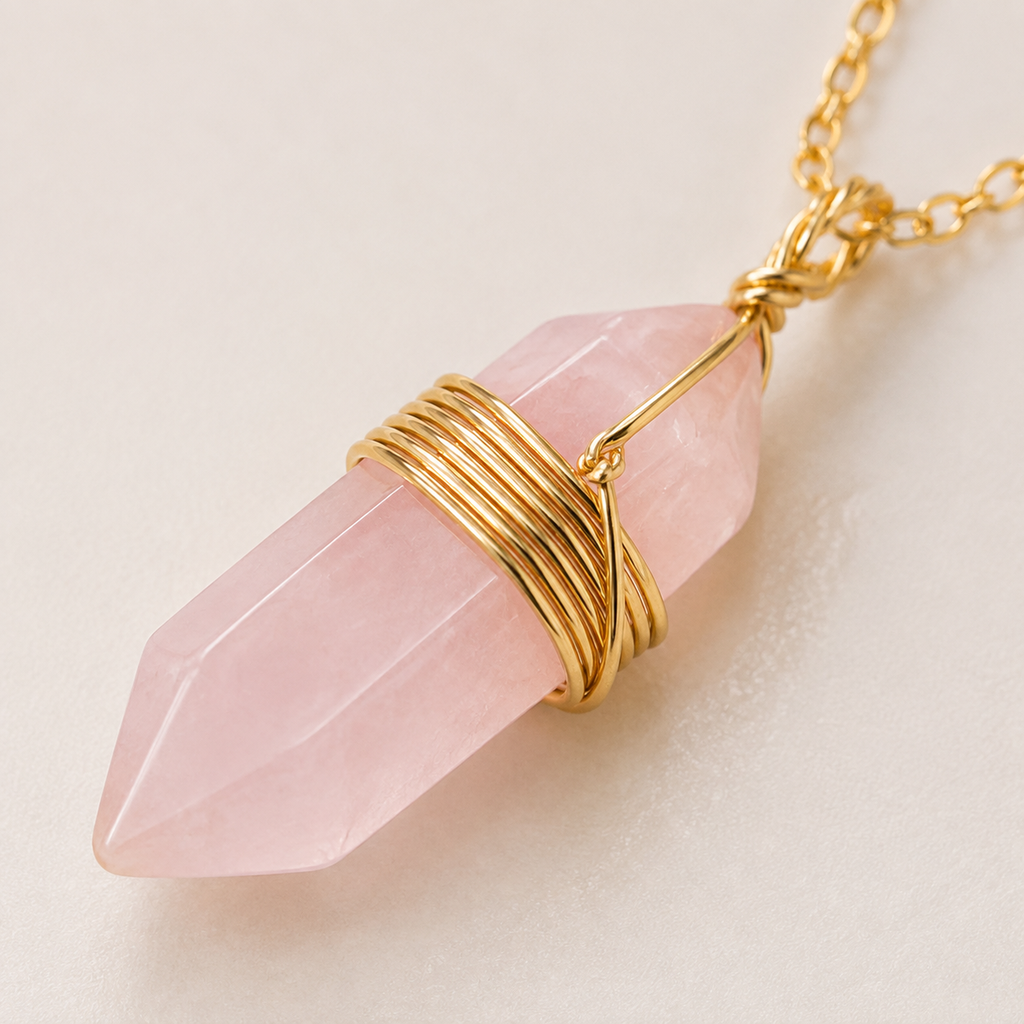 Gros plan de la pointe en quartz rose et du fil doré