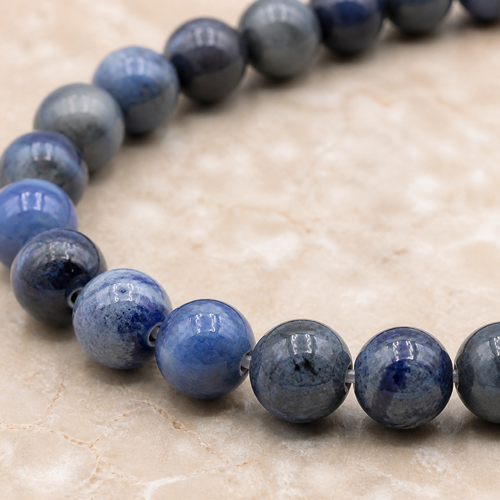 Bracelet en dumortiérite 6 mm, macro de la matière et des détails vérifiés