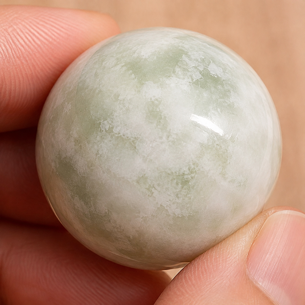 Macro des dessins de la sphère en jade de Chine entre les doigts