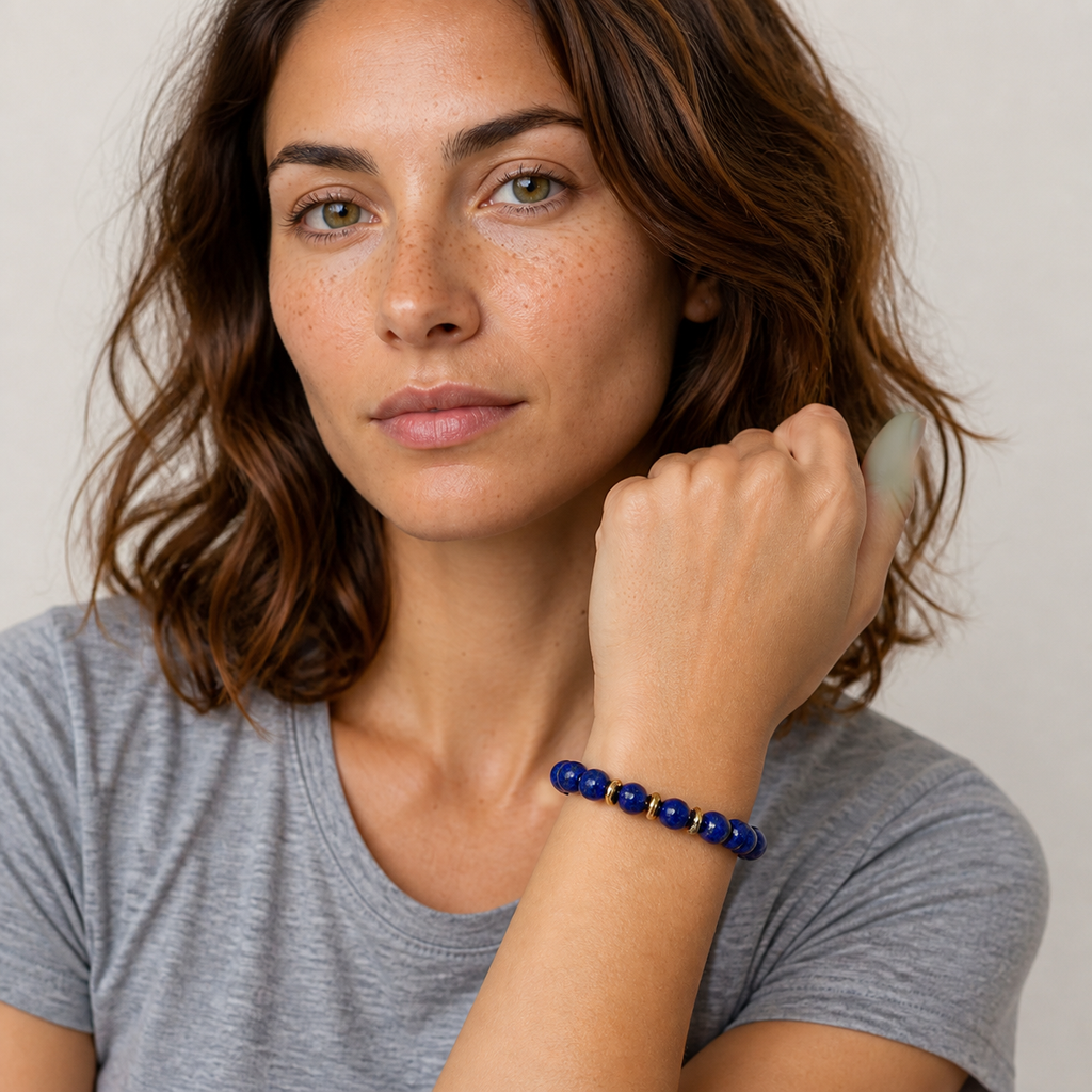 Bracelet Eira doré en lapis-lazuli 6 mm porté par Chloé en gros plan
