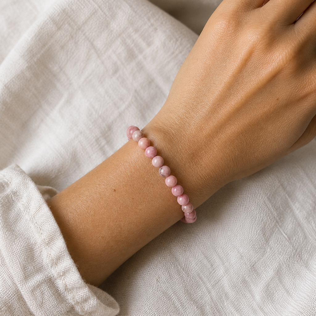 Bracelet en rhodonite d'Australie 6 mm - 16 à 18 cm porté par Chloé en gros plan
