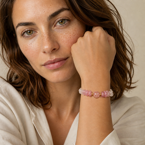 Bracelet Calysta doré en quartz rose et cristal de roche porté par Chloé en gros plan