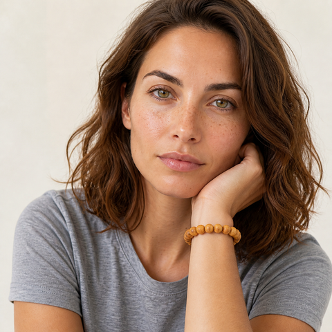 Bracelet en bois de palo santo 10 mm porté par Chloé en gros plan