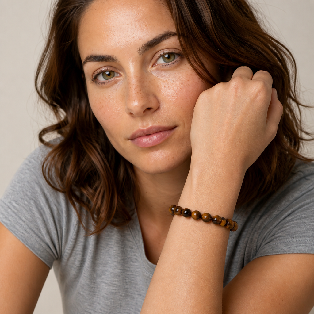 Bracelet en oeil de tigre 8 mm - 16 à 18 cm porté par Chloé en gros plan
