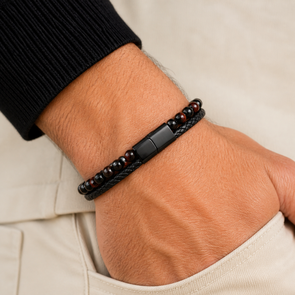 Bracelet Aska noir en oeil de taureau et onyx 6 mm porté par le modèle masculin MilAura milaura-male-01 en gros plan