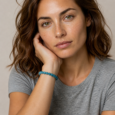Bracelet en apatite bleue 6 mm - 14 à 16 cm porté par Chloé en gros plan