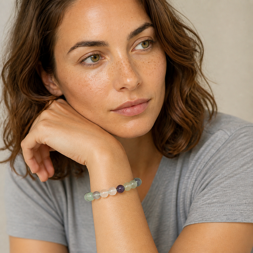 Bracelet en fluorine multicolore 10 mm porté par Chloé en gros plan