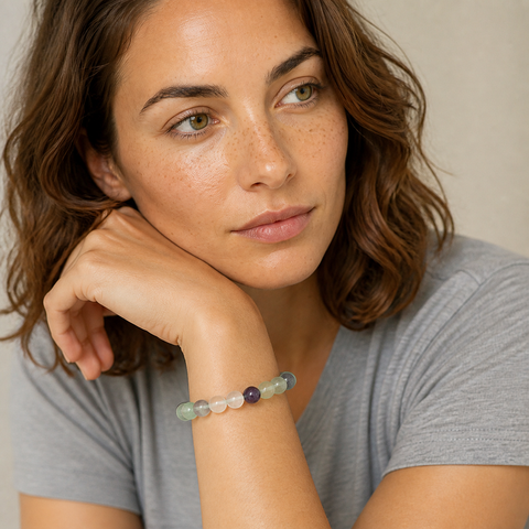 Bracelet en fluorine multicolore 10 mm porté par Chloé en gros plan