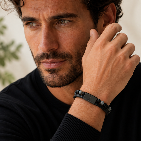 Bracelet Aska noir en labradorite et onyx 6 mm porté par le modèle masculin MilAura milaura-male-01 en gros plan