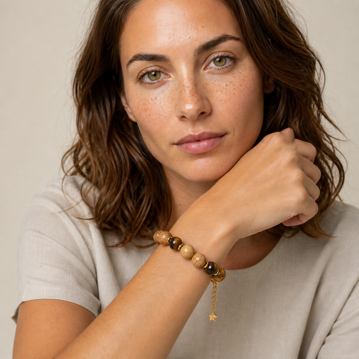 Bracelet Alba doré en jaspe paysage et oeil de tigre porté par Chloé en gros plan