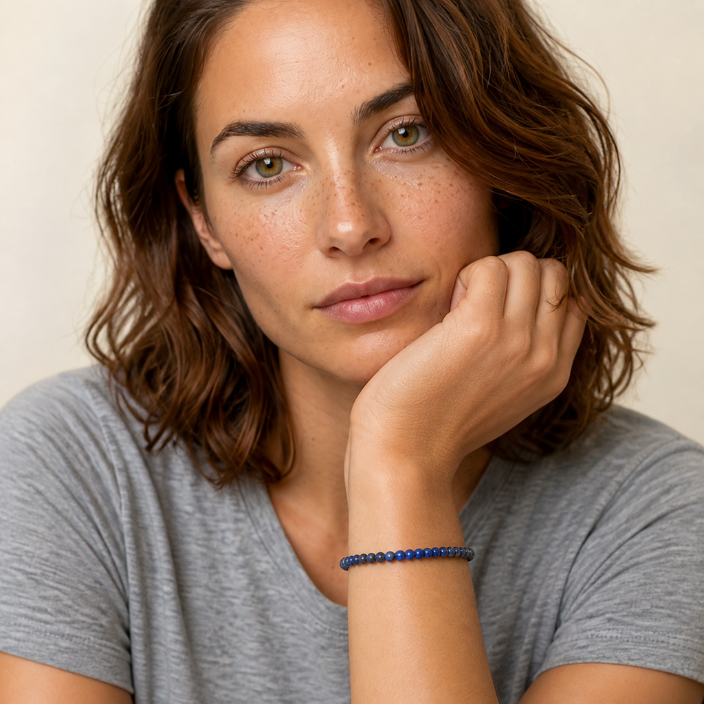 Bracelet en lapis-lazuli 4 mm - 16 à 18 cm porté par Chloé en gros plan