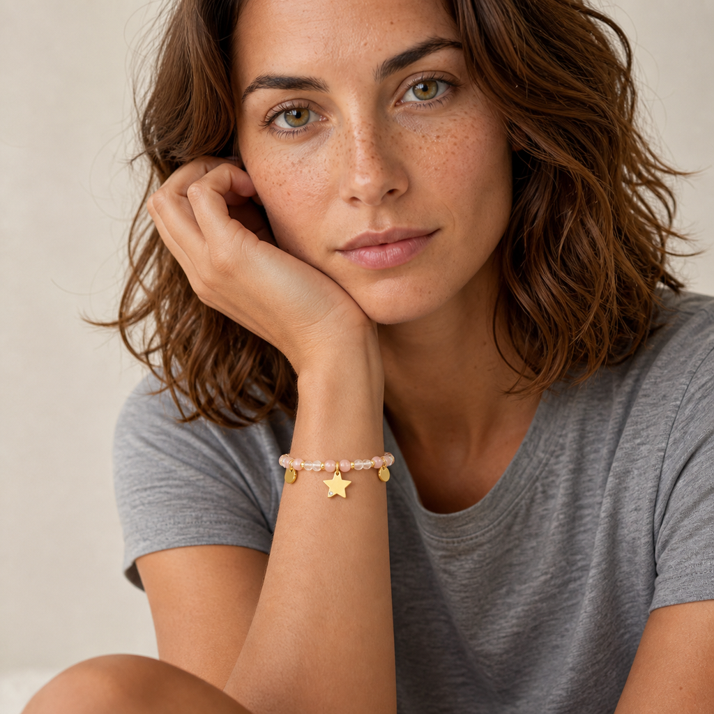 Bracelet Mira doré en quartz rose et cristal de roche porté par Chloé en gros plan