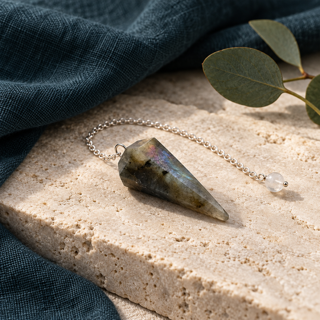 Pendule en labradorite présenté sur pierre claire avec un feuillage discret