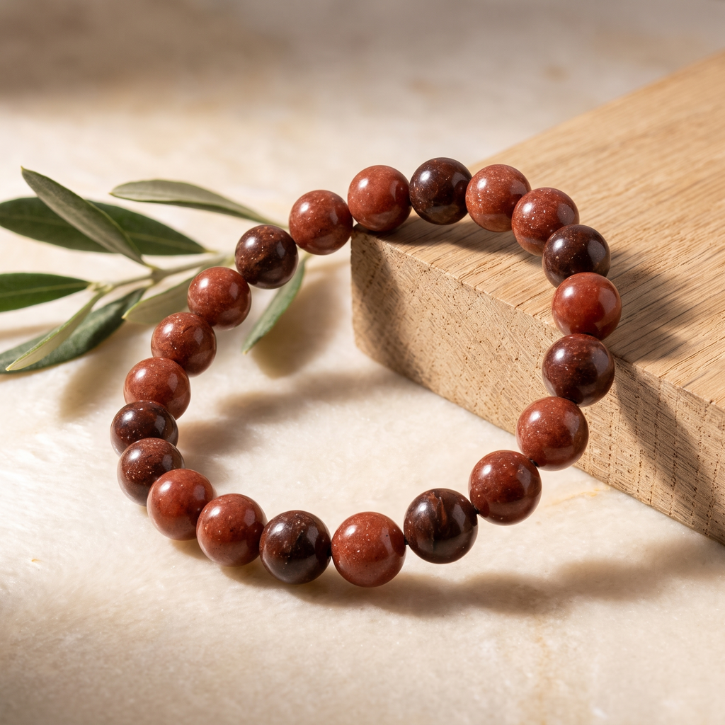 Bracelet en aventurine rouge dans une nature morte sur bois clair avec branche discrète