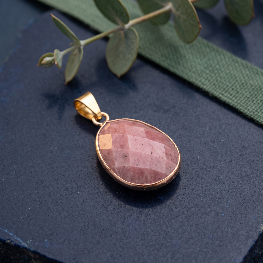 Pendentif en rhodonite rose de 20 mm sur une surface bleu nuit contrastée