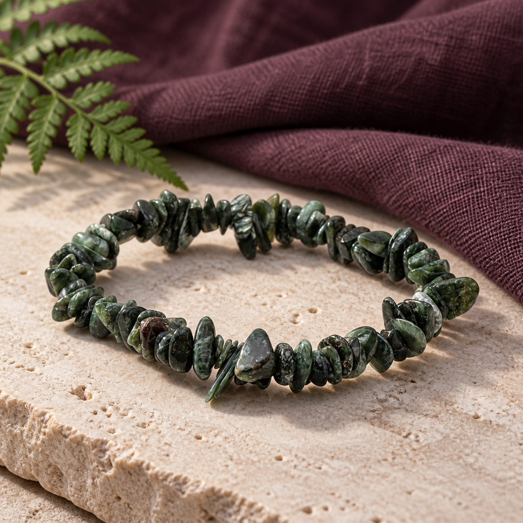 Bracelet en séraphinite sur pierre claire avec un feuillage discret