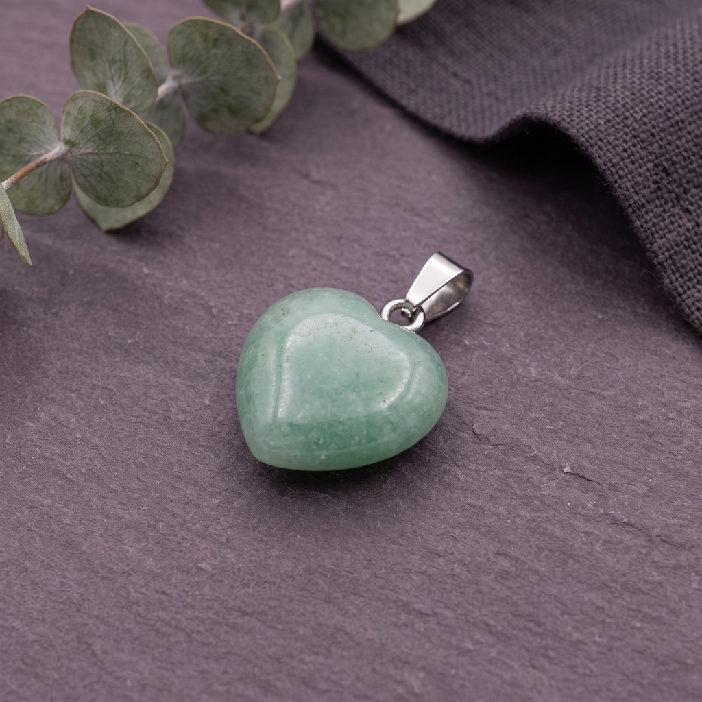 Pendentif cœur en aventurine verte présenté sur une surface minérale contrastée