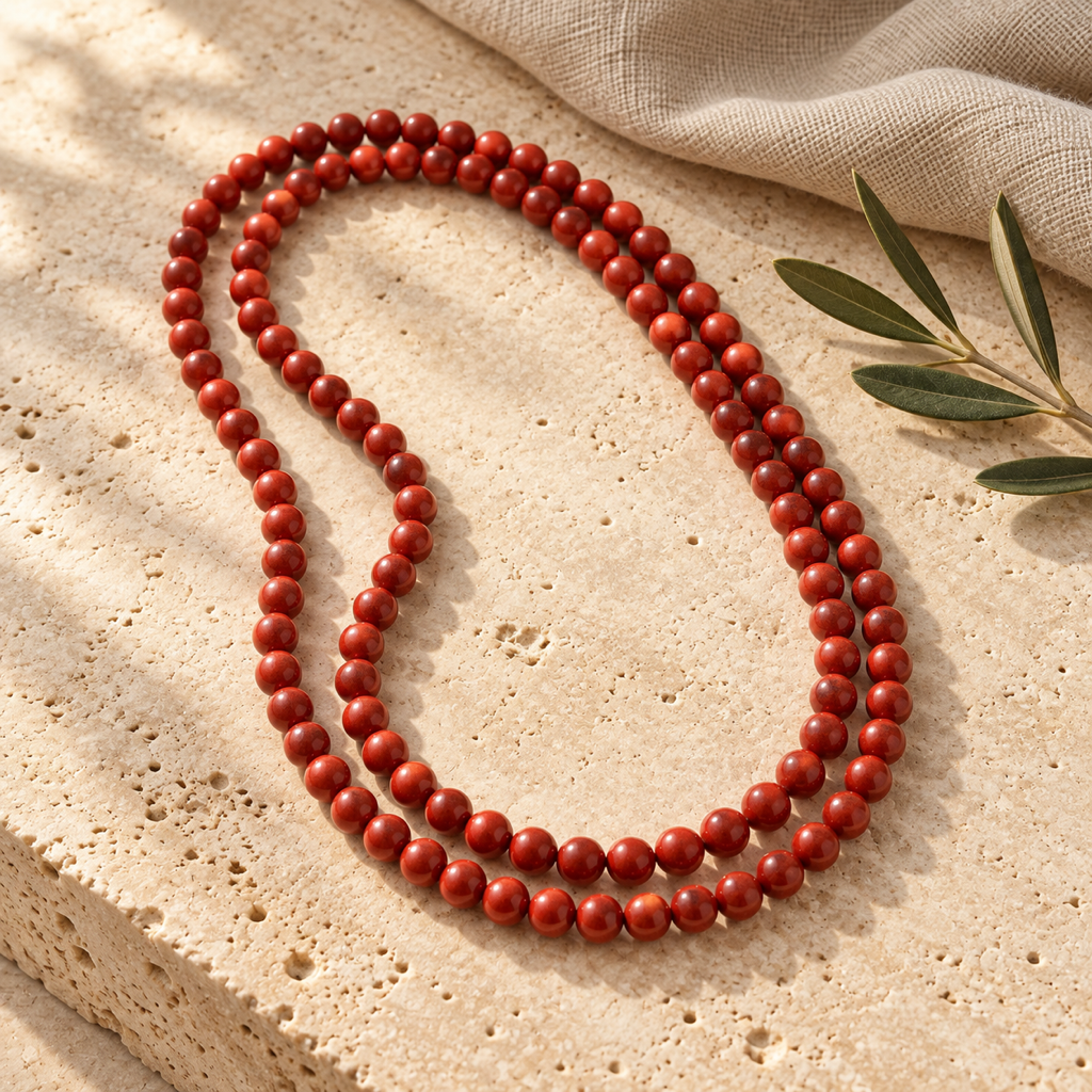 Collier en jaspe rouge présenté sur pierre claire avec une branche discrète
