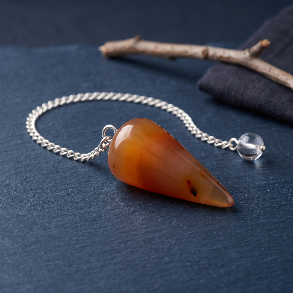 Pendule en cornaline rouge orangé présenté sur une surface minérale sombre