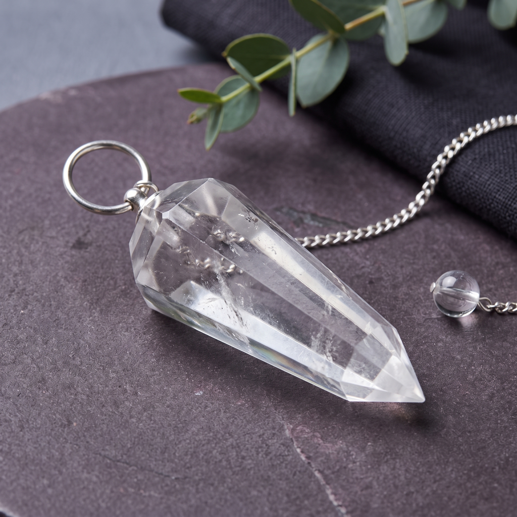 Pendule en cristal de roche facetté posé sur une surface minérale sombre