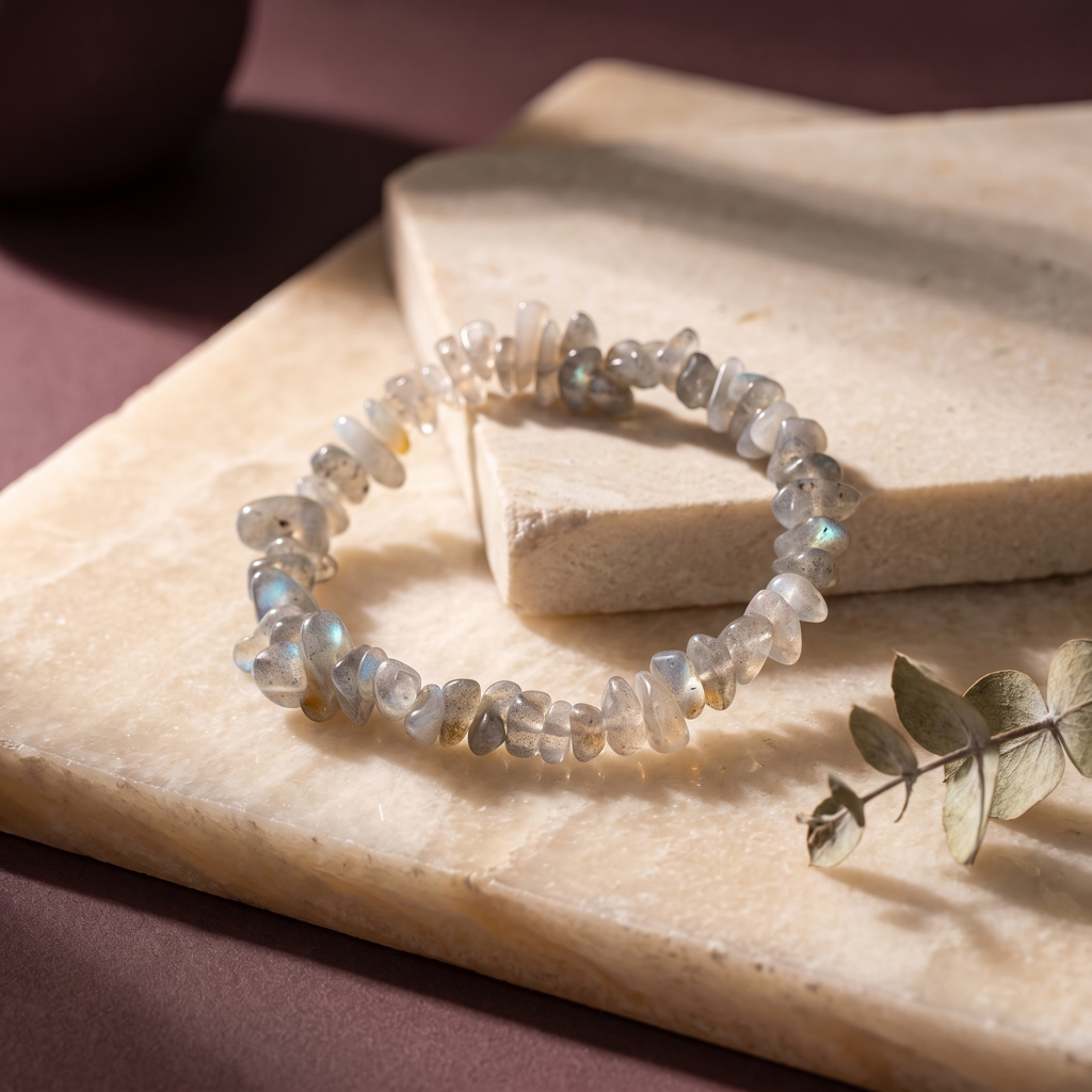 Bracelet en labradorite sur pierre claire avec une branche d'eucalyptus discrète