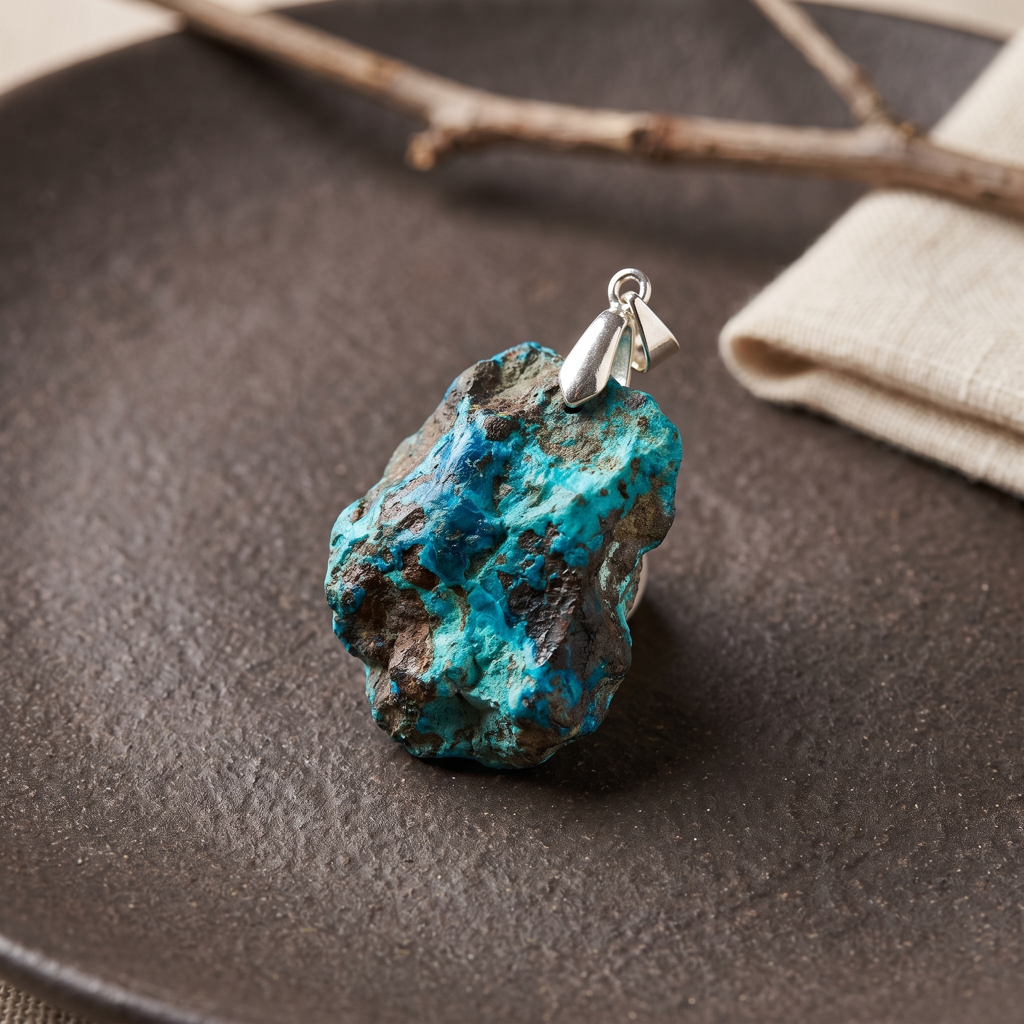 Pendentif brut en chrysocolle de 30 à 40 mm sur une surface sombre contrastée