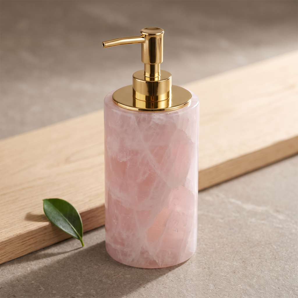 Distributeur en quartz rose sur pierre grise avec une feuille verte discrète