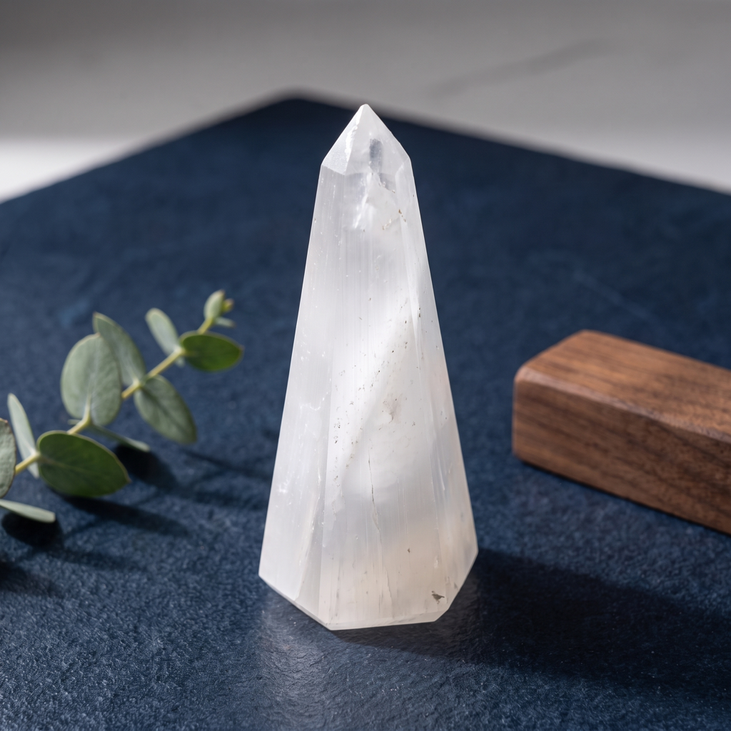 Forme en sélénite translucide posée sur une surface sombre contrastée