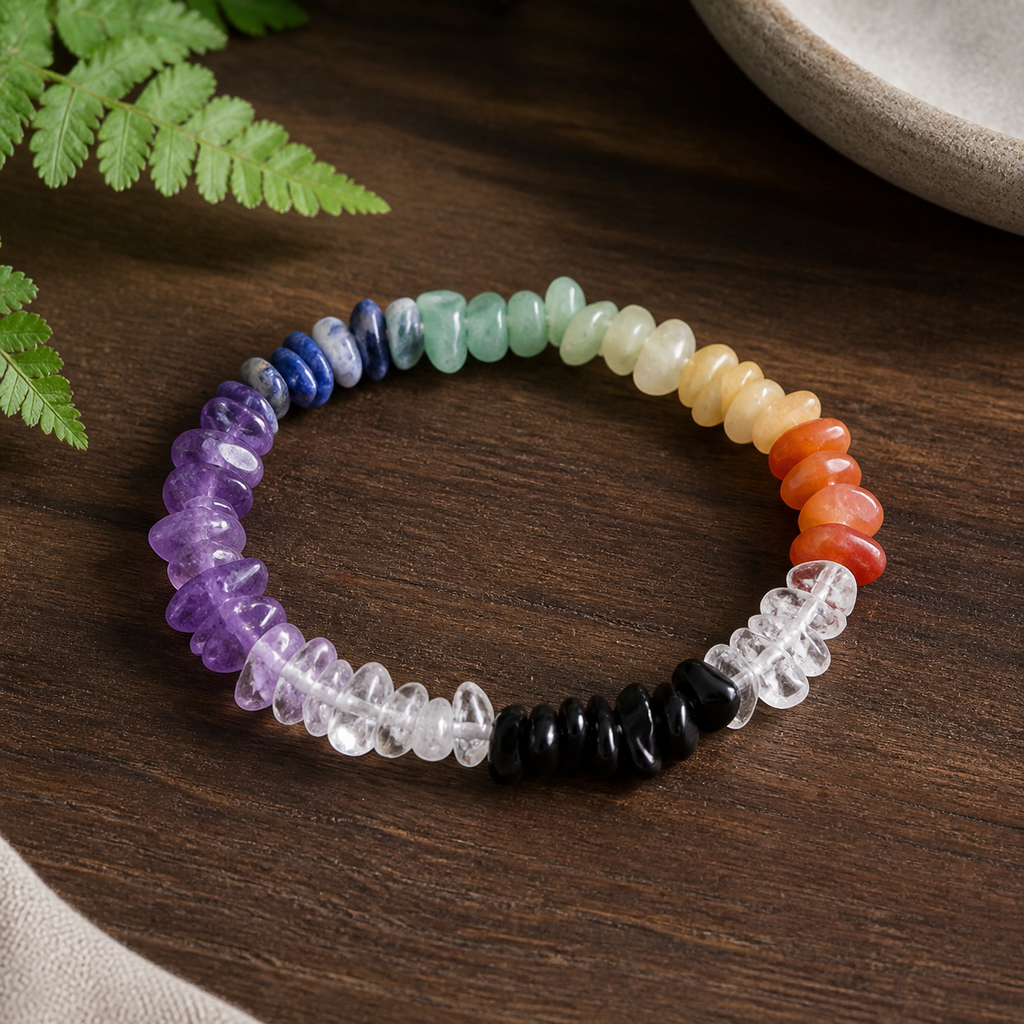 Bracelet baroque 7 chakras avec améthyste, présentation sur une surface sombre contrastée