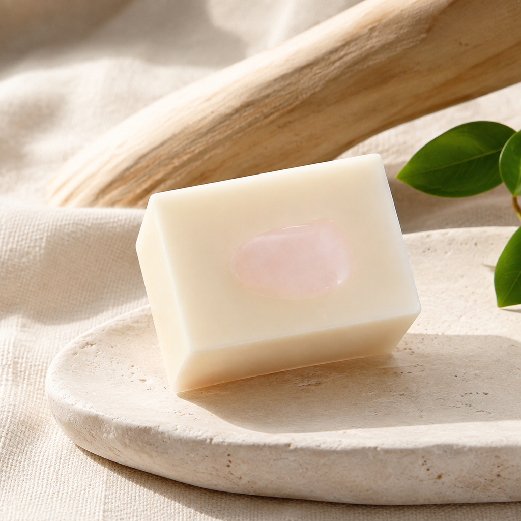 Savon à l'argan sur un support sombre près d’un élément végétal