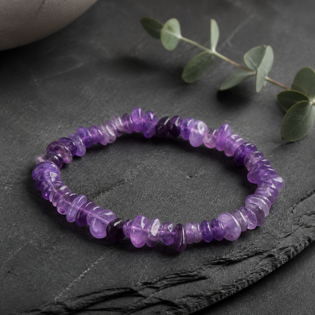 Bracelet baroque en améthyste du Brésil - 16 à 18 cm, présentation sur une surface sombre contrastée