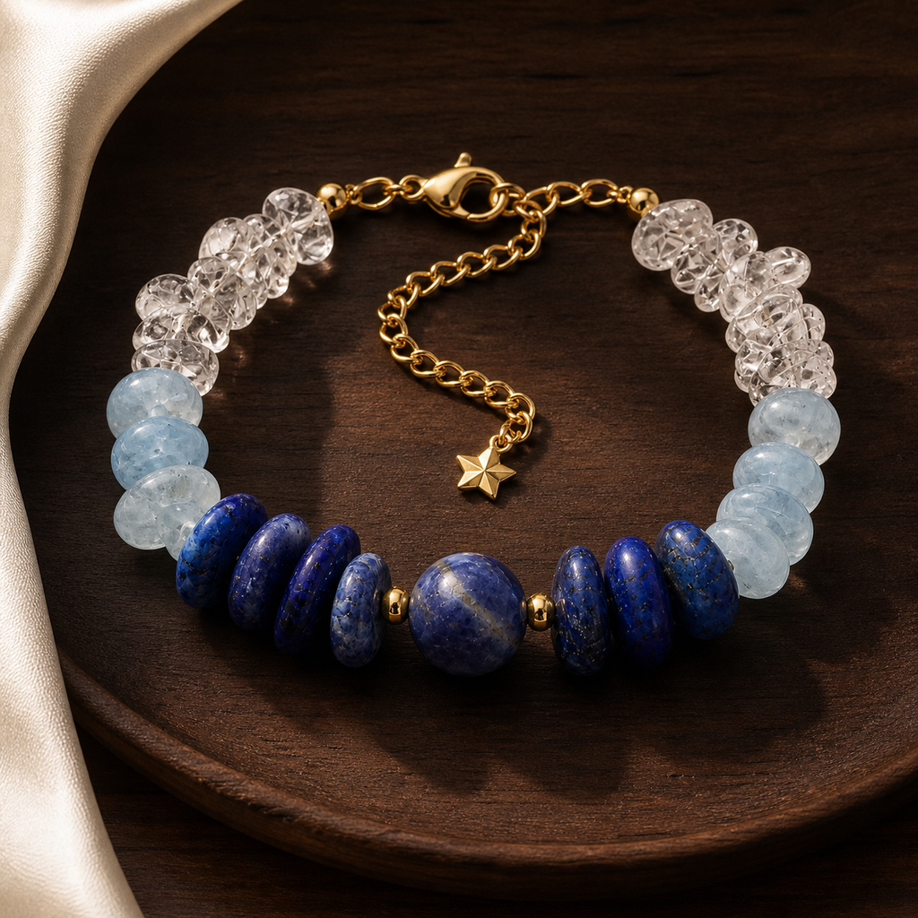 Bracelet doré en sodalite et pierres bleues, présentation sur une surface sombre contrastée