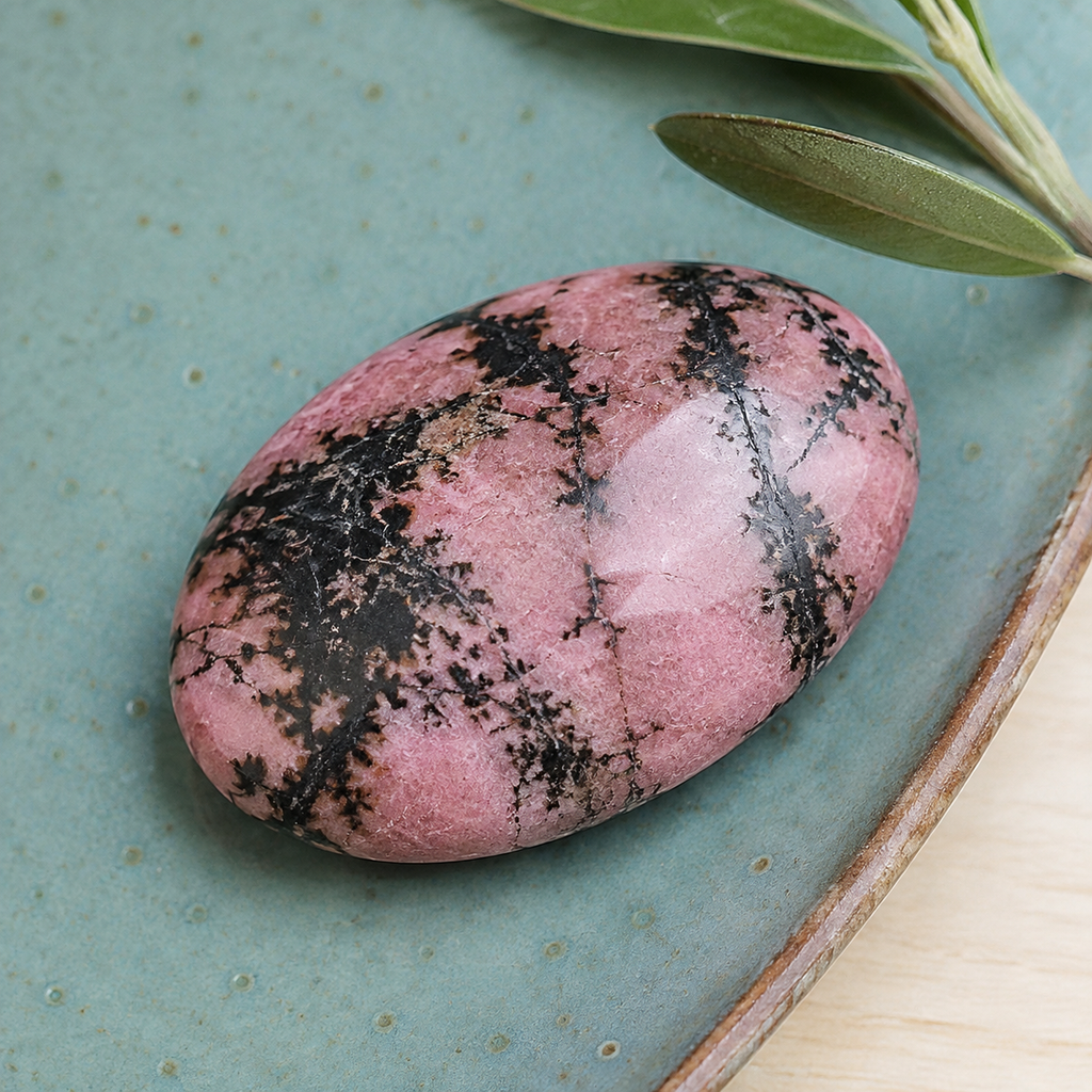Pierre roulée en rhodonite - Galet de 45 mm en nature morte près d’un feuillage