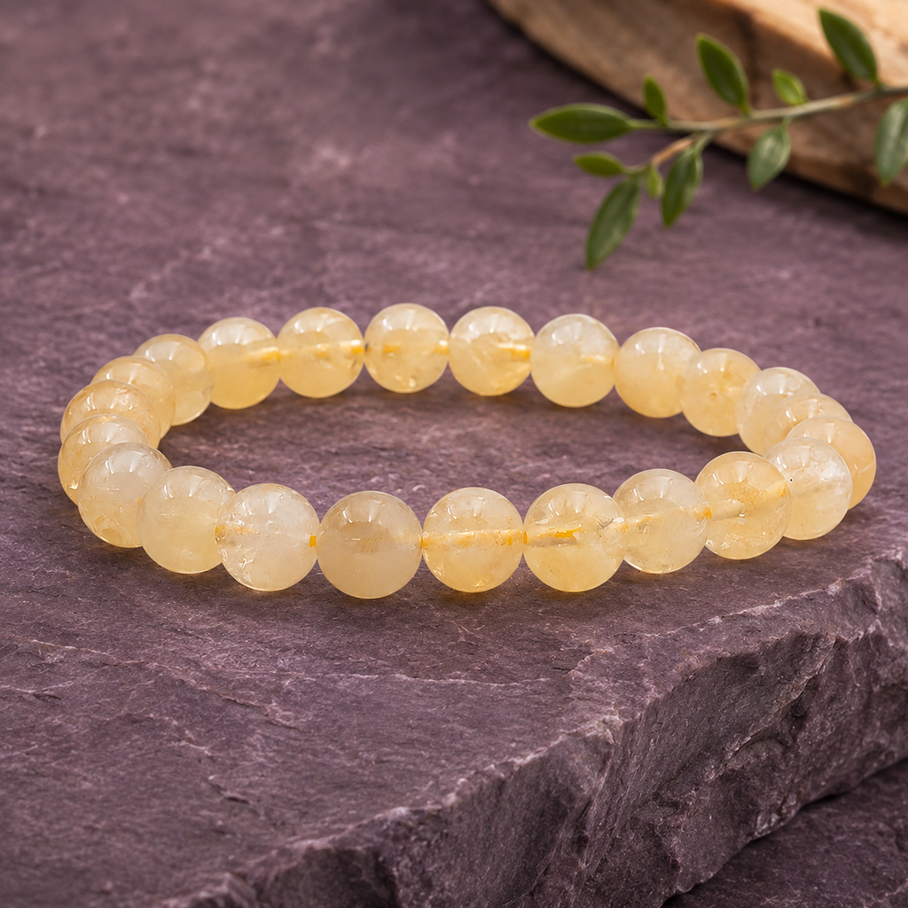 Bracelet en citrine chauffée sur pierre prune avec une branche verte