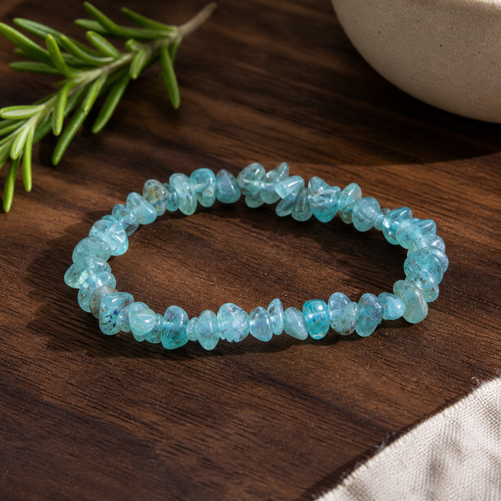 Bracelet baroque en apatite bleue - 16 à 18 cm, présentation sur une surface sombre contrastée
