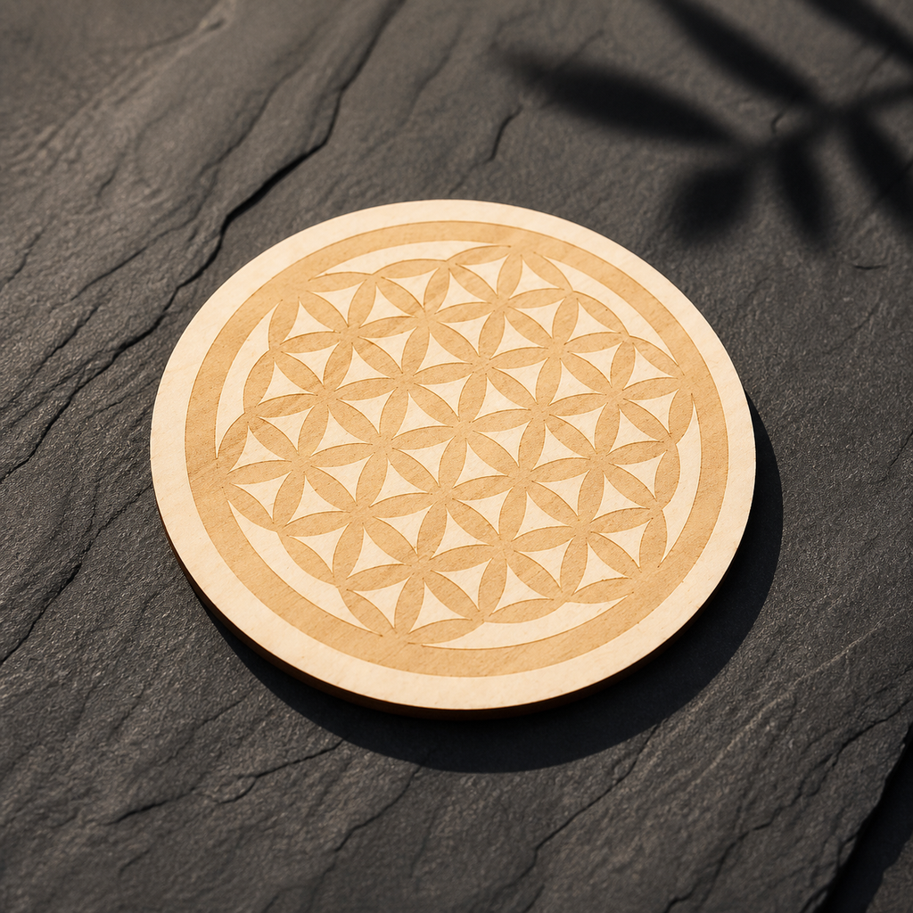 Plaque Fleur de Vie gravée en bois - 10 cm, présentation sur une surface sombre contrastée