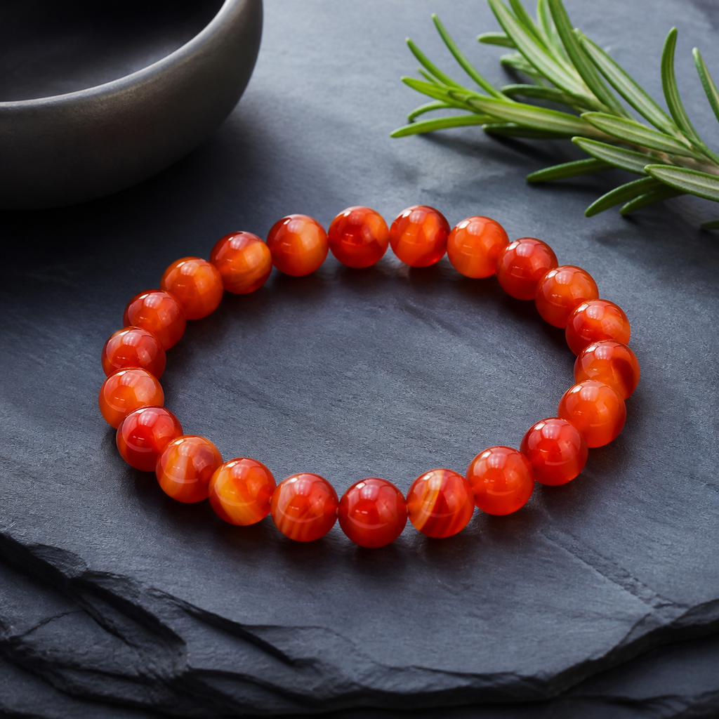 Bracelet en agate bandée - Perles de 8 mm, présentation sur une surface sombre contrastée