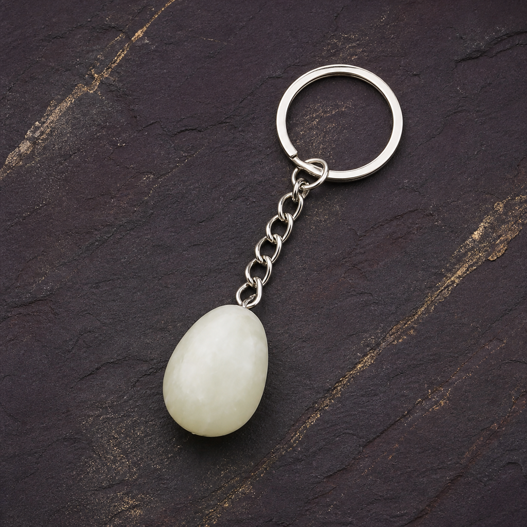 Accessoire porte-clés goutte en jade de Chine, présentation sur une surface sombre contrastée