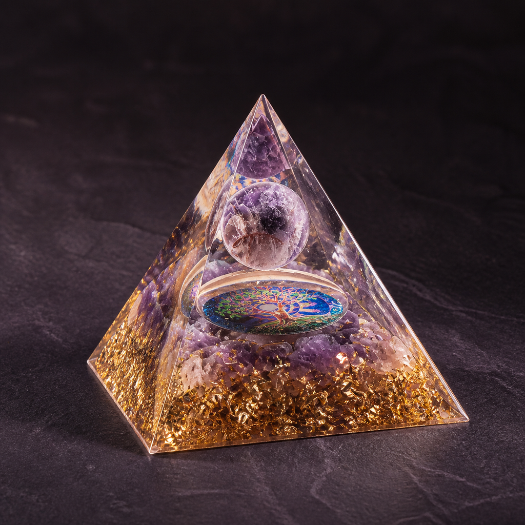 Orgonite pyramide Arbre de Vie en améthyste - 60 mm, présentation sur une surface sombre contrastée