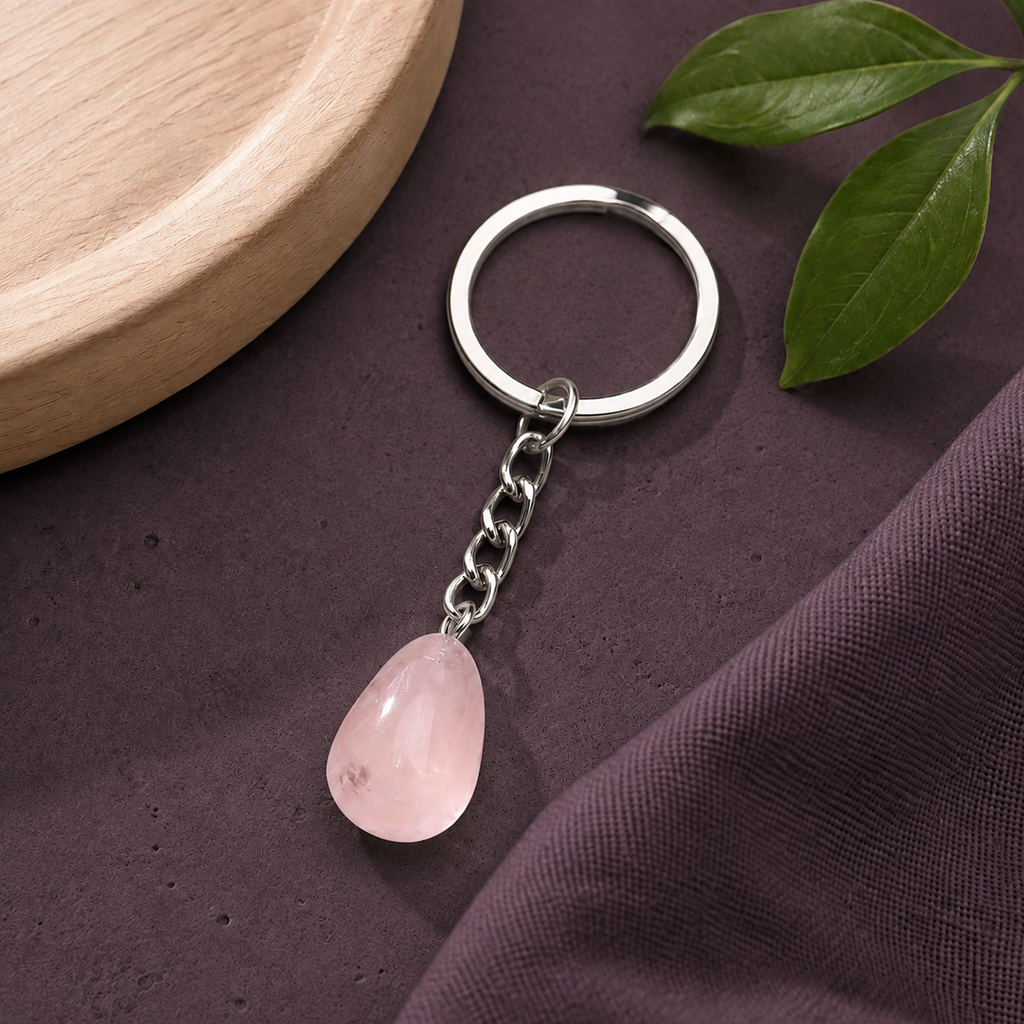 Porte-clés en quartz rose près d’une feuille verte