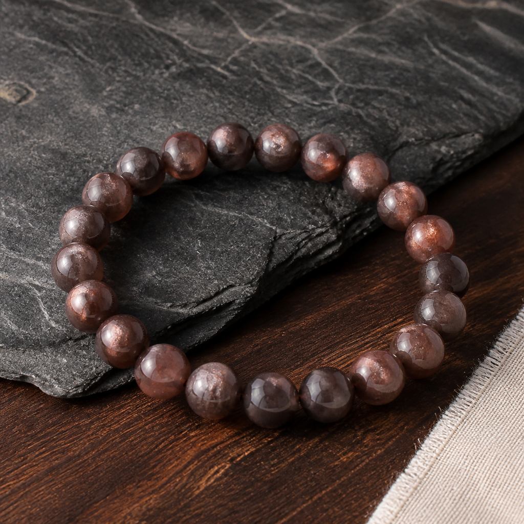 Bracelet en pierre de soleil noire orangée 10 mm - 16 à 18 cm, présentation sur une surface sombre contrastée