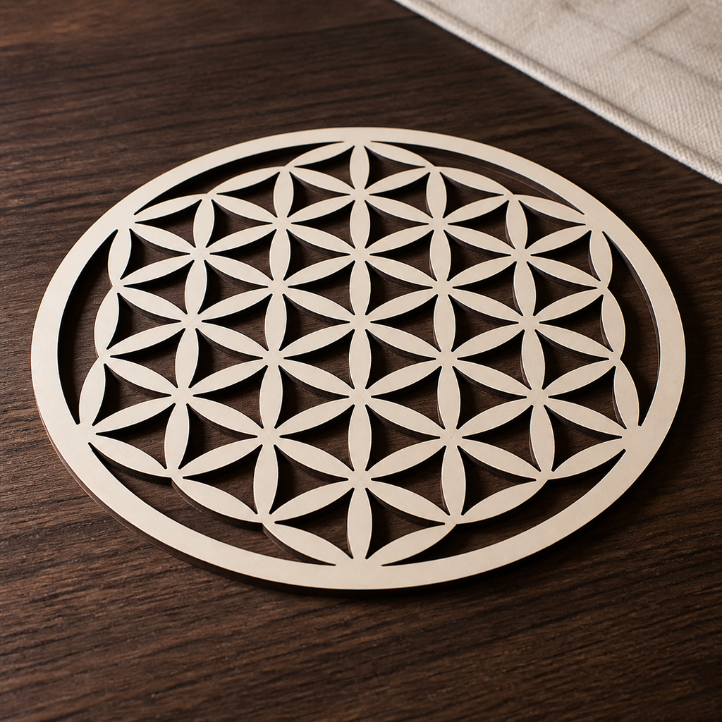 Plaque Fleur de Vie découpée en bois - 20 cm, présentation sur une surface sombre contrastée