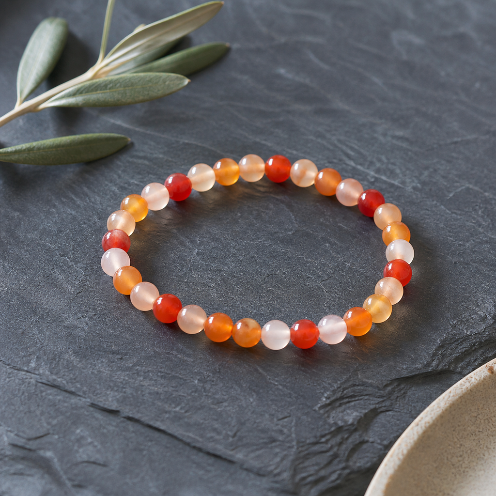 Bracelet en cornaline - Perles de 6 mm, présentation sur une surface sombre contrastée