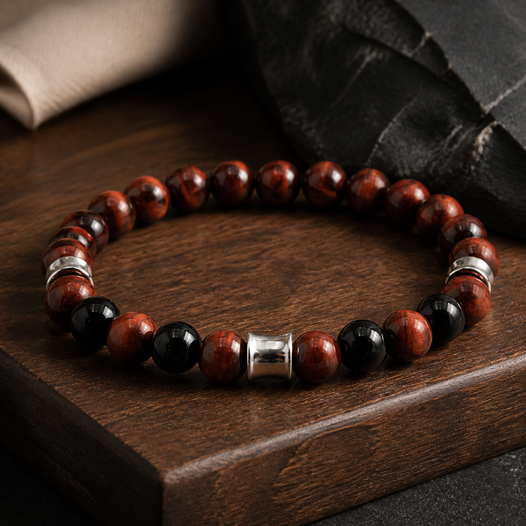 Bracelet Kahel en onyx et œil de taureau, présentation sur fond sombre