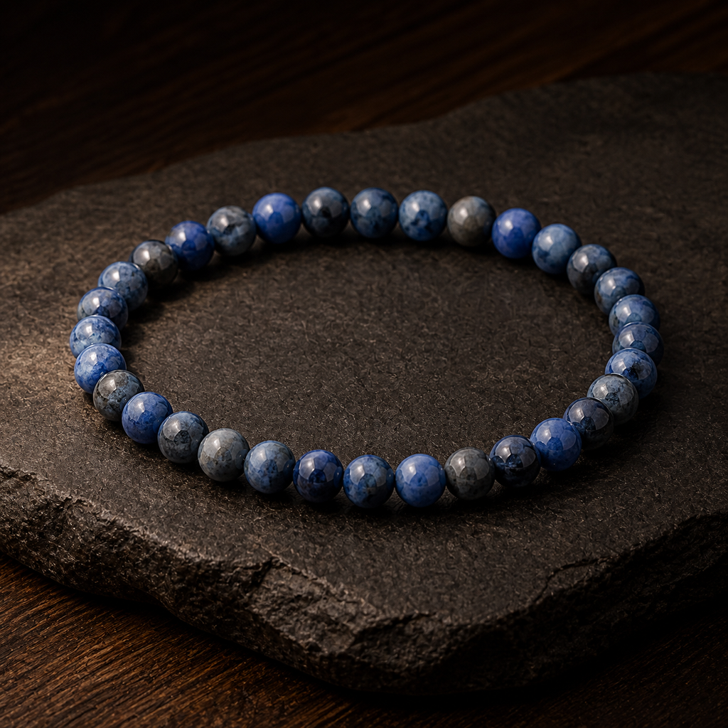 Bracelet en dumortiérite 6 mm, présentation sur une surface sombre contrastée